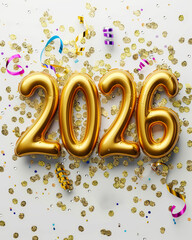 Golden Year Ahead: Radiant golden balloon numbers form the year 2026, scattered with festive confetti and ribbons, signifying a celebration of new beginnings and hopes.