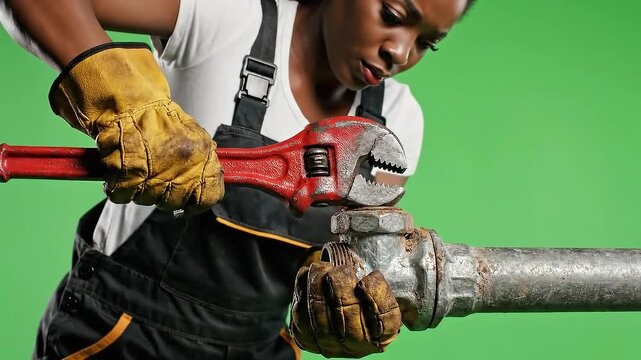 Skilled Woman Plumber Tightening Industrial Pipe Fitting with Adjustable Wrench on Green Screen Background