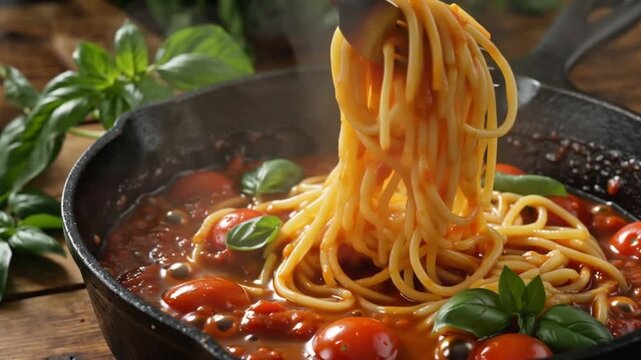 Delicious Spaghetti with Cherry Tomato Sauce and Fresh Basil in a Black Pan on Rustic Wooden Table, Italian Cuisine Close-Up, Warm Natural Lighting, Cinematic Food Photography