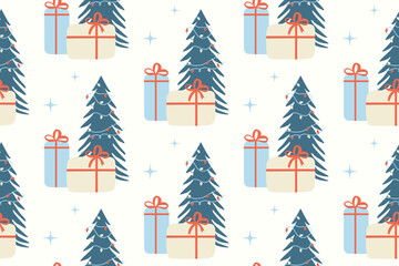Seamless vector pattern with a Christmas tree with lights, gifts, and snowflakes. Cute holiday background. New Year celebration. Pattern for fabric, clothing, and wrapping paper.