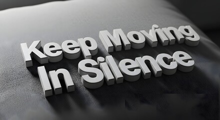 A close-up view of three-dimensional text that reads 'Keep Moving In Silence' placed on a textured surface, emphasizing motivation and quiet perseverance