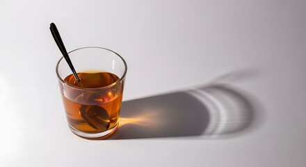A clear glass filled with amber-colored tea and a spoon resting inside, casting a shadow on a plain light background