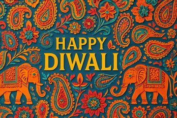 Happy Diwali colorful paisley pattern greeting with elephant illustration