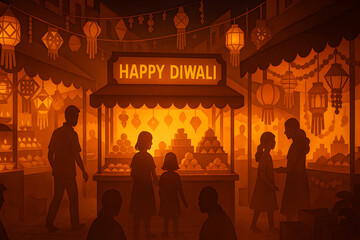 Happy Diwali illuminated festival street with lanterns and crowd silhouettes