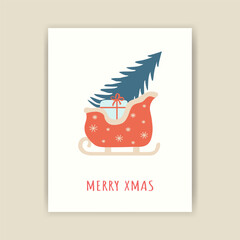 Christmas card with a Christmas tree in a winter sleigh and gifts. Minimalistic vector design. Ready-made template for a festive poster, print, or invitation.