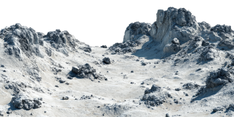 A rugged lunar landscape with towering rocky mountains against a black sky.