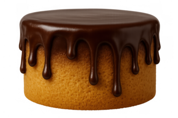Sponge cake covered with melting chocolate icing, creating a delicious dessert or celebratory treat, transparent background