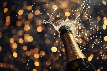 Champagne Burst Celebration: A bottle of champagne explodes with a cascade of celebratory bubbles, illuminated against a background of festive lights.