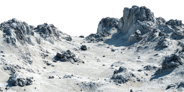A rugged lunar landscape with towering rocky mountains against a black sky.