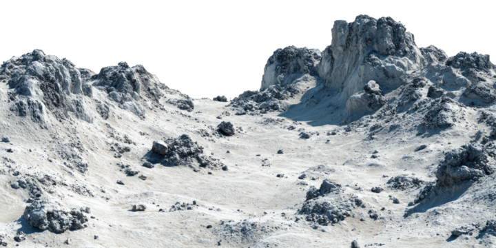 A rugged lunar landscape with towering rocky mountains against a black sky. - Powered by Adobe