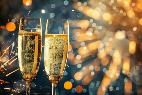 Cheers to Celebration: Bubbling champagne in elegant flutes, illuminated by a mesmerizing display of fireworks, creates an atmosphere of festive cheer and joy.