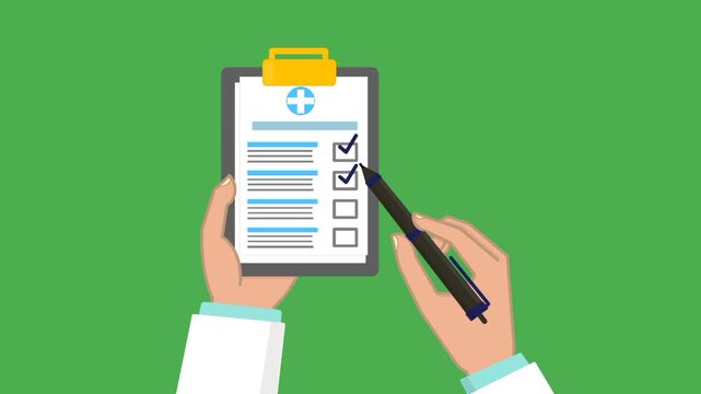 Animated doctor hand checking medical report with checklist. Modern healthcare concept.