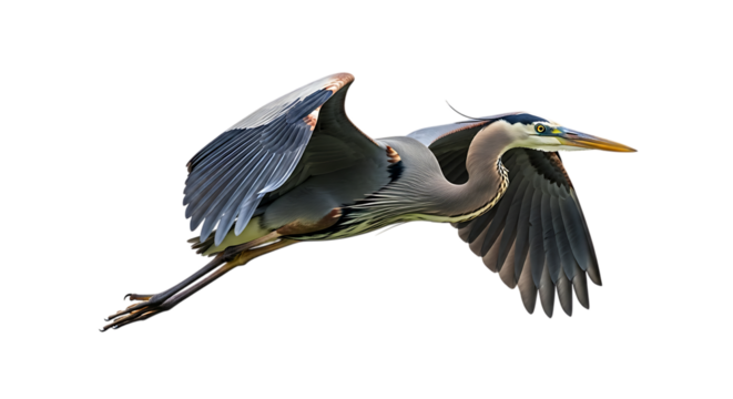 Great Blue Heron, in Flight with Wings Spread Wide, cutout, PNG isolated on white or transparent background
