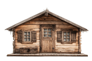 Front view of a rustic wooden log cabin isolated on black.