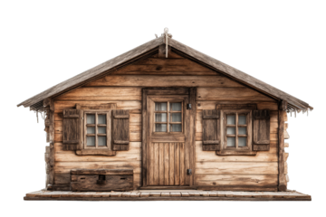 Front view of a rustic wooden log cabin isolated on black.