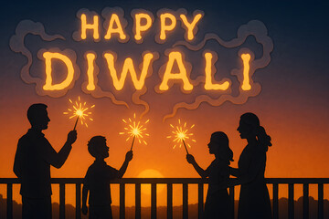 Happy Diwali family silhouettes holding sparklers at sunset