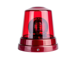 Red Rotating Beacon Light with Clear Dome and Reflective Base on a Black Background