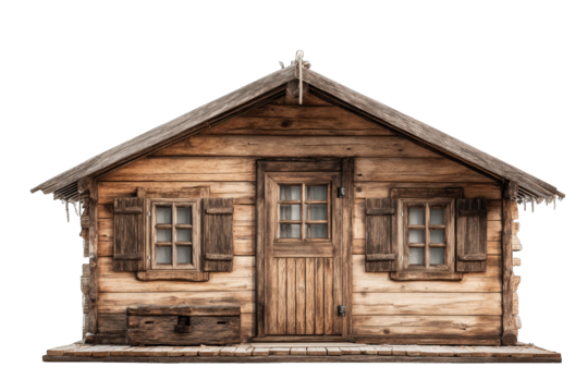 Front view of a rustic wooden log cabin isolated on black.