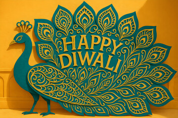 Happy Diwali ornate peacock mandala artwork with festive typography
