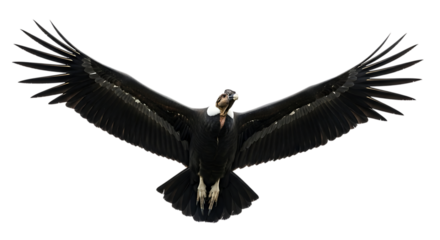 Andean Condor, with wings spread wide showcasing dark feathers and white neck ruff, cutout, PNG isolated on white or transparent background