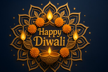 Happy Diwali luxury floral mandala frame with marigolds and diyas