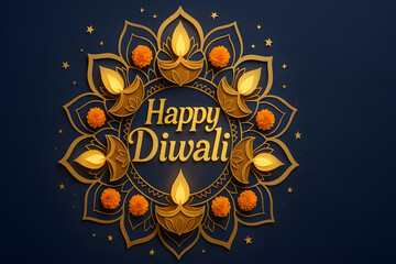 Happy Diwali golden mandala emblem with glowing diyas on dark blue background