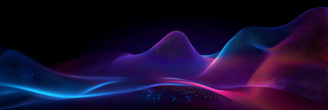 abstract background with digital waves and glowing dots in blue, purple, and red colors. abstract wave of light particles with a bokeh effect on a dark black backdrop. technology concept for banner de