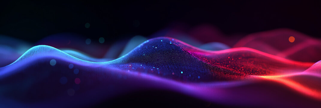 abstract background with digital waves and glowing dots in blue, purple, and red colors. abstract wave of light particles with a bokeh effect on a dark black backdrop. technology concept for banner de