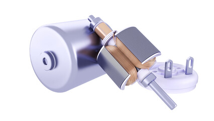 Electric Motor DC and Rotor. The rotor is placed on the electric motor housing. 3D rendering isolated on white background. Ideal for professionals, educational, engineering, and industrial design.