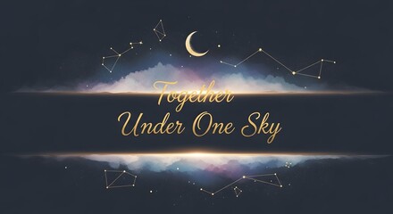 Fototapeta premium A serene night sky scene featuring a crescent moon, stars, and constellation patterns with the phrase 'Together Under One Sky' in elegant script