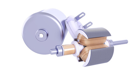 Electric Motor DC and Rotor. Positioned Side by Side. 3D rendering isolated on white background....