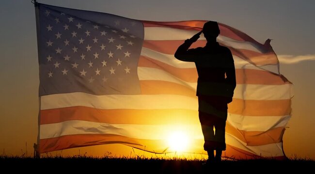 Military salute against American flag sunset