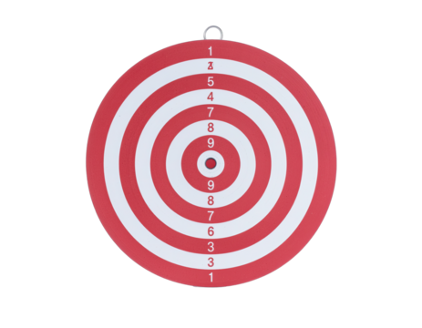 Round red and white dartboard with numbers one to ten on a black isolated background