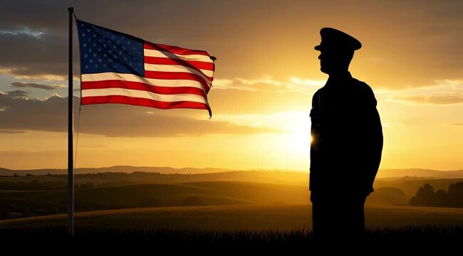 Military salute against sunset American flag