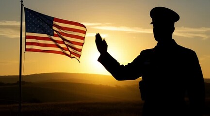 Military salute to American flag at sunset