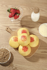 Handmade Chinese Steamed Buns with Red Stamps Traditional Asian Food Ingredients on Wooden Table
