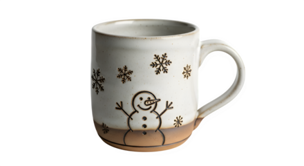 A charming ceramic mug adorned with a whimsical snowman and snowflake design isolated on transparent background