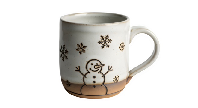 A charming ceramic mug adorned with a whimsical snowman and snowflake design isolated on transparent background
