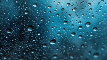 Fototapeta premium Close Up View Of Raindrops On Glass Blue Tones Creating A Calming Texture