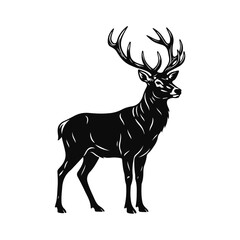 Deer silhouette with antlers in black and white vector style, elegant wild animal symbol of forest nature and strength, deer silhouette, antler art, forest animal, wildlife illustration