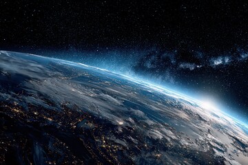 Fototapeta premium Detailed View of Earth From Space with Glowing City Lights and Starry Background
