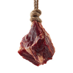 Raw meat chunk hanging from rope