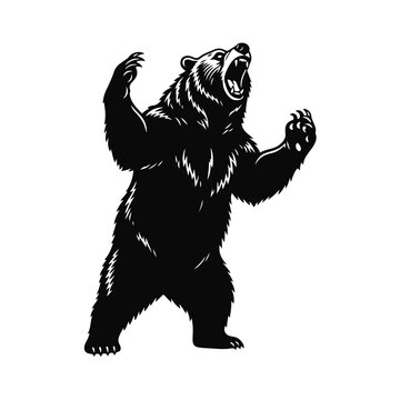 Bear silhouette standing on hind legs with open mouth, bold wild creature in strong black and white style, bear silhouette, wild bear, roaring bear, forest animal, wildlife art