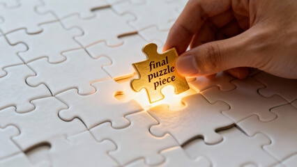 Person Placing Golden Final Puzzle Piece into Empty Slot on White Puzzle Board