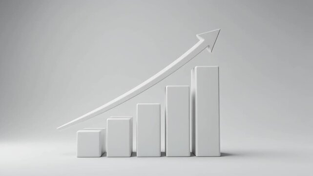 Bar graphs rising with upward arrow on white background showing business growth and progress