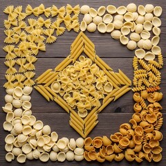 A creative arrangement of various types of uncooked pasta on a wooden surface, forming a geometric pattern with a colorful border around the central design