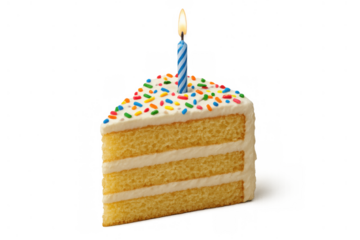 Birthday cake slice with lit candle, colorful sprinkles on vanilla frosting, celebrating festive party dessert on transparent background