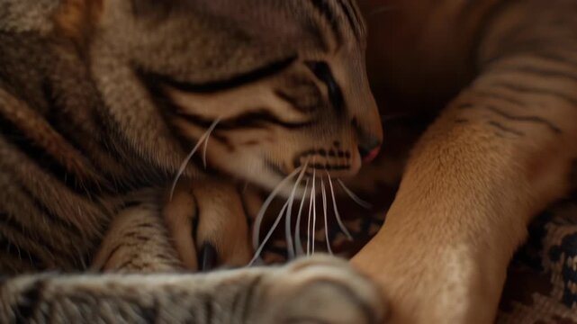 A cat and a dog are laying on a rug. The cat has a paw on the dog's paw. Macro shot cat tail gently wrapping dog leg subtle bonding signal, premium emotional still, cat and dog adoption story