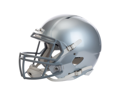 Silver American Football Helmet Isolated On Black Background With Minimalist Design And Reflective Surface Showing Sport Gear Protection
