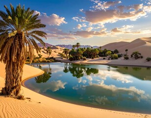 Desert oasis scene with palm trees, serene lake, and sand dunes